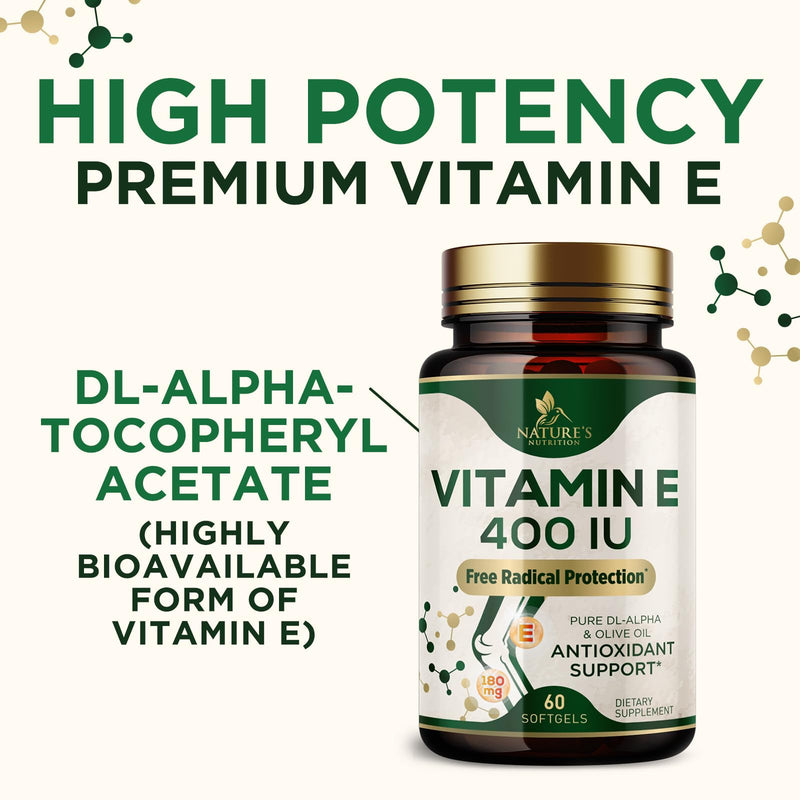 Vitamin E 180mg Per Serving - E Vitamins DL-Alpha, Antioxidant-Rich Dietary Supplement for Skin, Heart, and Immune Support, USA Bottled, Easily Absorbed, Non-GMO & Gluten Free - 60 Softgels 60 Count (Pack of 1)