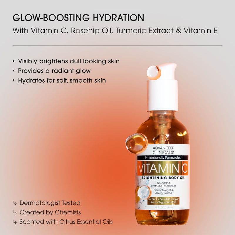 Advanced Clinicals Brightening Vitamin C Body Oil For Women & Men | Vitamin C Glow Oil Skin Care Body Moisturizer With Vitamin E + Botanicals To Help Improve Look Of Dark Spots + Dry Skin, 3.8 Fl Oz Vitamin C Brightening Body Oil 3.8 Fl Oz (Pack of 1)