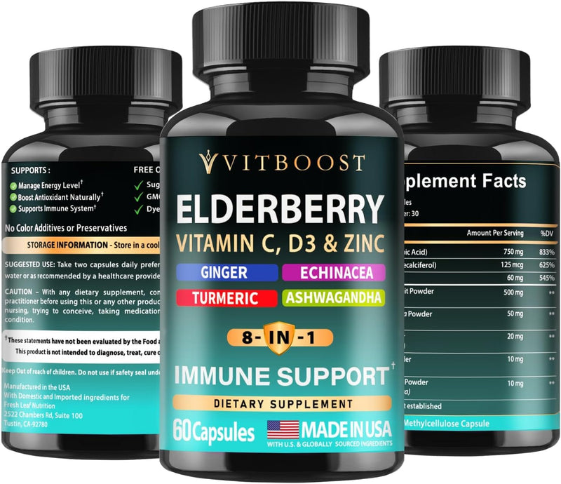 Immune Support Supplement 8 in 1 with Vitamin D 5000 IU - 2 Pk 60 CT Each | 8-in-1 Formula with Echinacea, Vitamin C & Zinc, Vitamin D 5000 IU, Turmeric, Ginger, Ashwagandha 60 Count (Pack of 2)