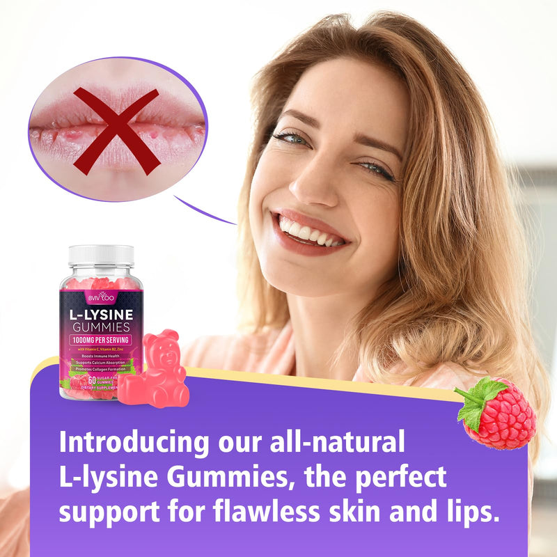 L-Lysine 1000mg Gummies for Immune Support & Skin Health - High Potency Vegan, Sugar-Free, Gluten-Free Supplement with Natural Raspberry Flavor for Adults & Kids - 120 Gummies 2pack