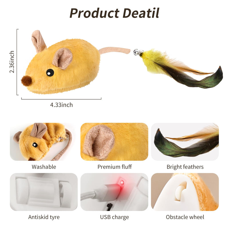 Interactive Cat Toys Mouse for Indoor Cats Rechargeable LED Cat Mouse Toy Feather Bell Tail Lifelike Electric Automatic Moving Mouse Cat Toy for All Breeds Cat Boredom Exercise-Yellow Yellow - BeesActive Australia