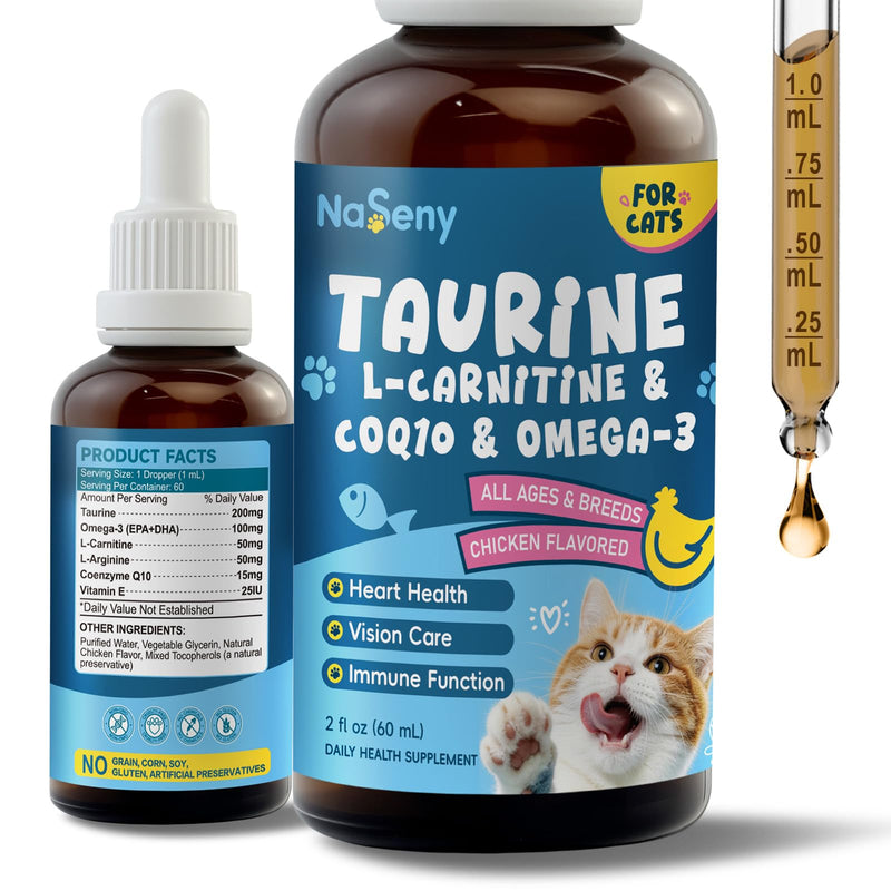 Taurine Drops for Cats - Liquid Cat Taurine Supplement, Supports Heart, Vision, Energy & Vitality, Immune System Health, with CoQ10, Omega-3, L-Carnitine, L-Arginine & Vitamins, 60ML