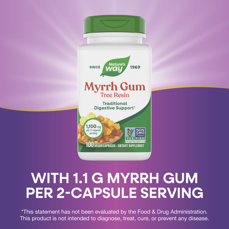 Nature's Way Myrrh Gum Tree Resin, Traditional Digestive Support*, 100 ct | 1.1 g per 2-Capsule Serving, Non-GMO Project Verified, Vegan, Dairy-Free, Gluten-Free, No Artificial Colors or Flavors 100 Count (Pack of 1)