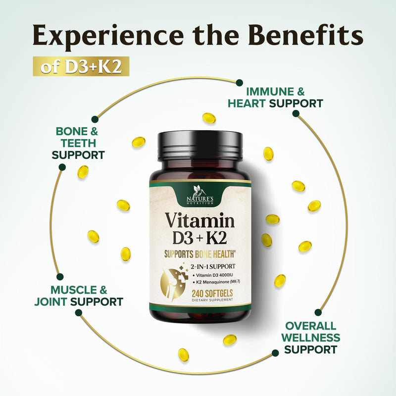 Vitamin D3 4000 IU 100mcg Per Serving - Extra Strength Vitamins D K2 2-in-1 for Bone, Heart, & Muscle Support - Immune Support & Calcium Absorption with Olive Oil - Non-GMO USA Bottled - 240 Softgels 240 Count (Pack of 1)