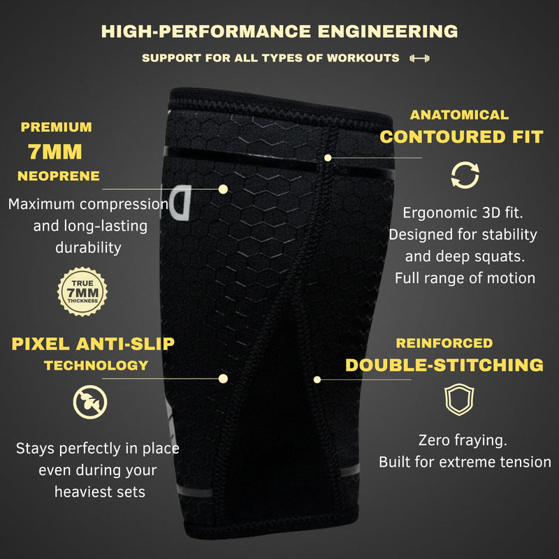 Knee Sleeves 7mm for Weightlifting, Squats, Fitness, Powerlifting, with Advanced 2025 Anti-Slip Design, Premium Neoprene, Constant Compression Brace, Gym Training Support - 1 PAIR - Men Women – DEVI Black Large