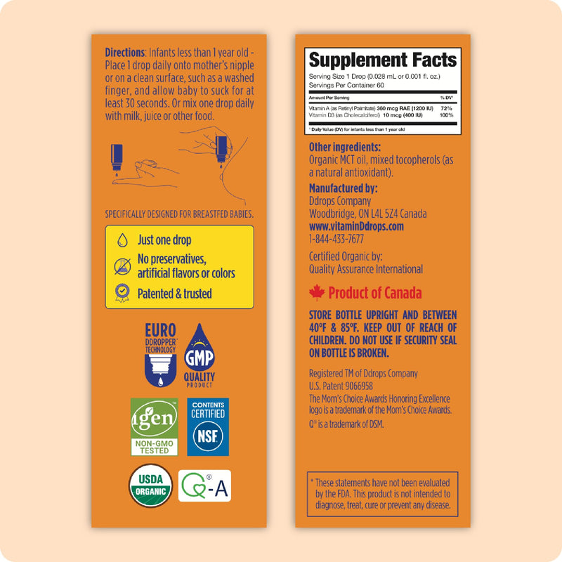 Ddrops® Baby Organic Liquid Vitamins A&D Drops for Infants, 60 Drops. Supports Babies’ Eye Health, Bone Development and Immune Function. Certified Organic, Non-GMOs, Allergy-Friendly 0.06 Fl Oz (Pack of 1)
