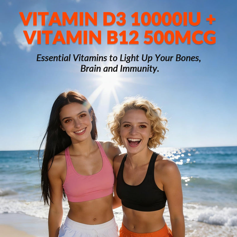 Vitamin D3 B12 Gummies, Vitamin B12 & Vitamin D 10000IU for Women Men | B12 Vitamins with Vitamin K2, Calcium, Magnesium, Sugar Free, Vegan 60 Count (Pack of 2)