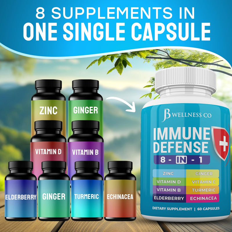 JB Wellness Co Immune Support 8 in 1 Capsules - Zinc Supplement, Vitamin D3, Vitamin C and Elderberry - Immune Booster with Echinacea, Ginger Root, and Turmeric - [2-Pack] 120 Capsules (Pack of 2)