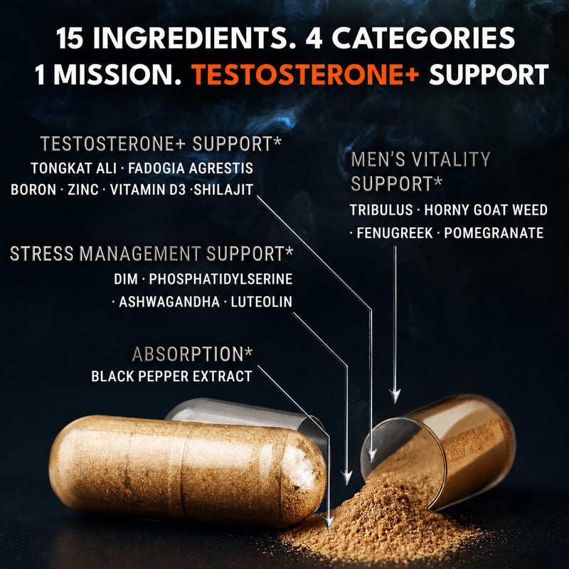 Advanced Testosterone Supplement for Men - 15-in-1 Complex - 1 Month Supply | Support for Test, Vitality, Energy & Strength with Vitamin D3, Zinc, Tongkat Ali, Ashwagandha, Shilajit, Fenugreek, Boron 120 Count (Pack of 1)