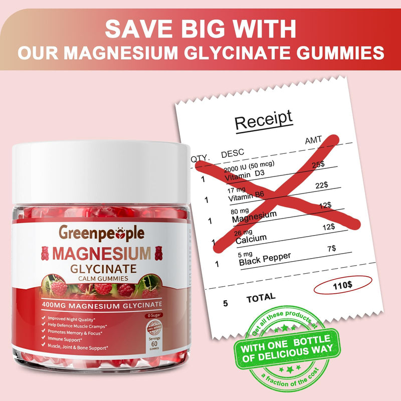 GREENPEOPLE Magnesium Glycinate Gummies 400mg - Raspberry, 60ct | Chelated Sugar Free,High Absorption Supplement with Magnesium Citrate,Vitamin D & B6 Calm,Sleep & Stress Support for Adults 60 Count (Pack of 1)