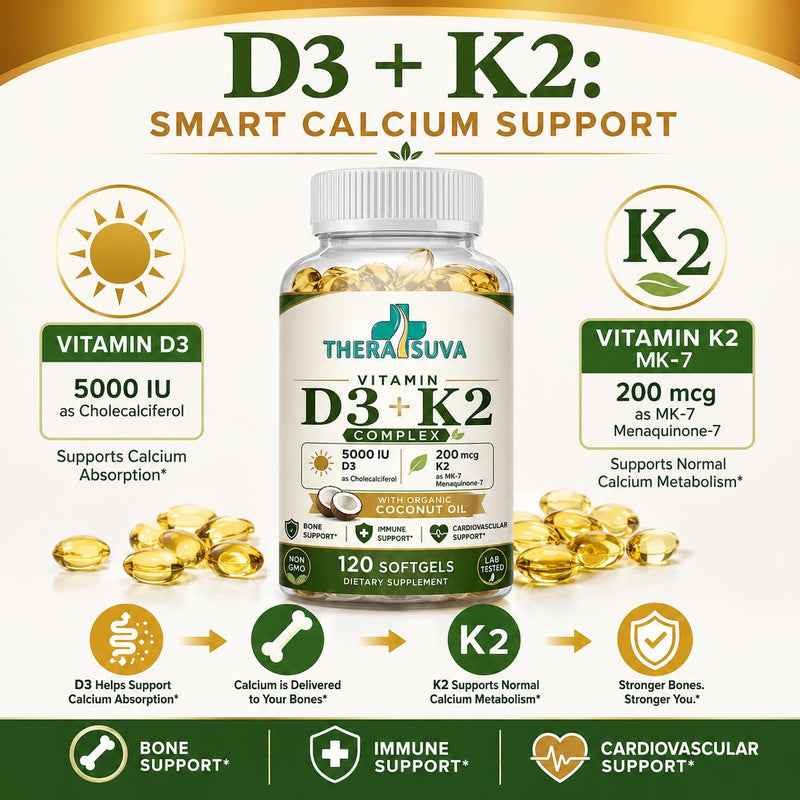 TheraSuva High Potency Vitamin D3 5,000 IU + K2 – Vegan, Non-GMO, with Organic Coconut Oil for Better Absorption – Bone & Heart Support, 2 Month Supply, 120 Softgels