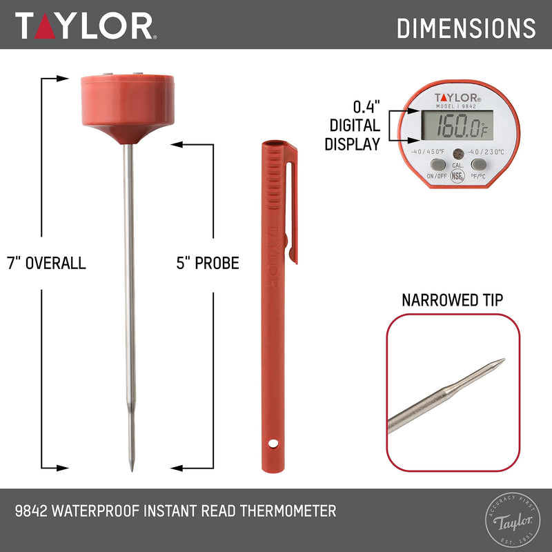 Taylor Waterproof Digital Instant Read Thermometer For Cooking, BBQ, Grilling, Baking, And Meat, Comes With Pocket Sleeve Clip, Red Cooking Digital Quick Read Thermometer