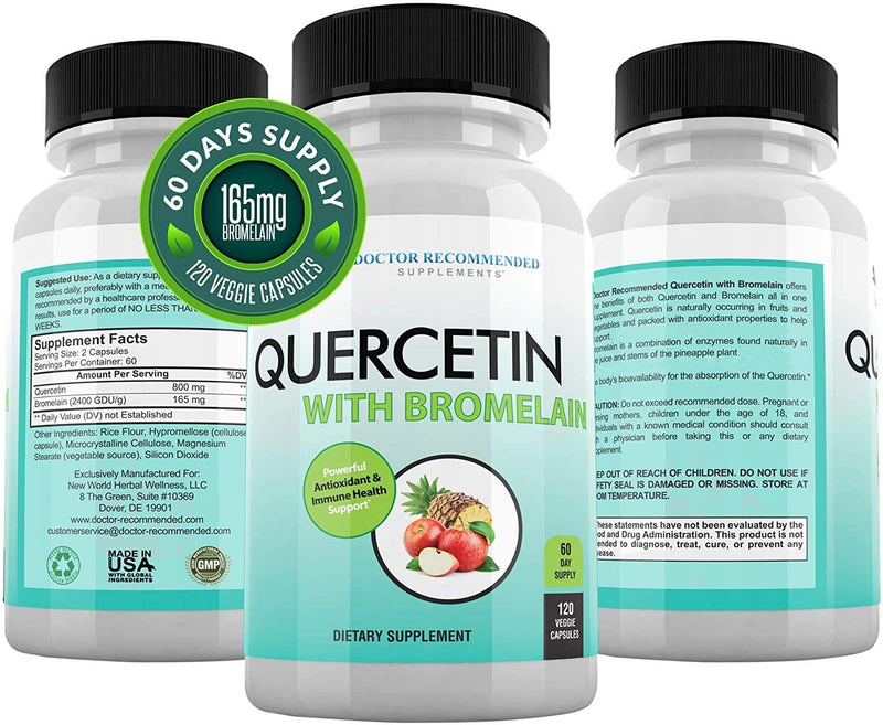 DOCTOR RECOMMENDED SUPPLEMENTS Quercetin 800mg w/Bromelain 165mg Per Serving- 120 Veggie Capsules-Full 60 Day Supply, Vitamin Supplement & Bioflavonoids, Gluten Free, Non-GMO (Pack of 2) 120 Count (Pack of 2) - BeesActive Australia