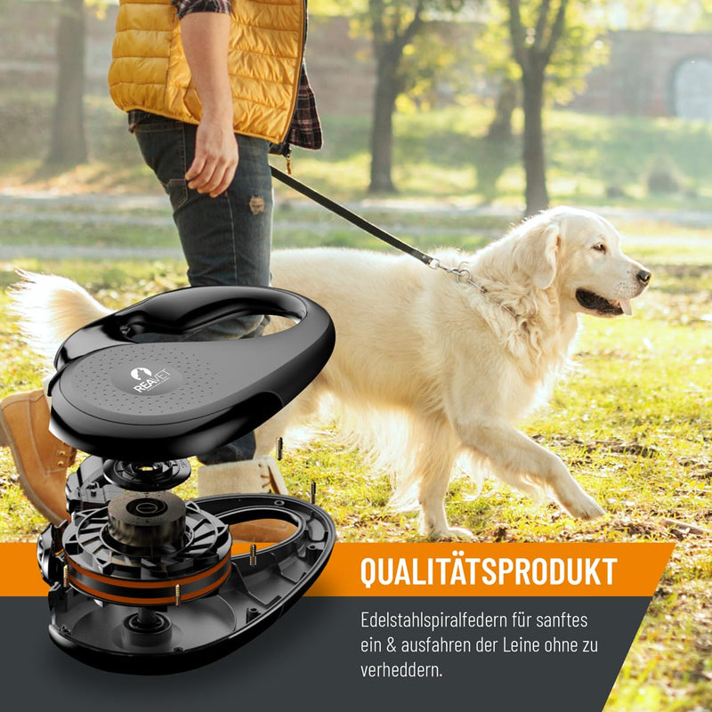 ReaVET retractable dog leash 8m for large dogs (XL) I Ergonomic & non-slip handle I Retractable dog leash, robust extendable leash with brake-stop system I Dog leash up to 50kg XL | 8m | up to 50kg