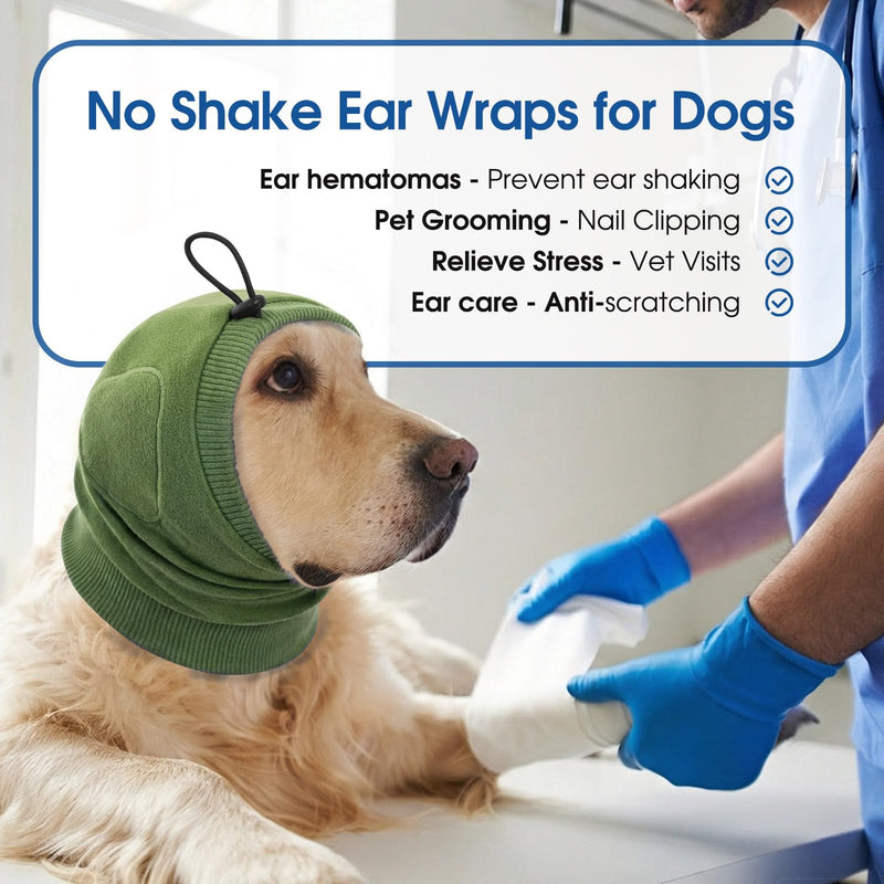No Shake Ear Wraps for Dogs, Adjustable Dog Ear Cover with SoundProof Pads, Anxiety Relief Pet Ears Muffs Noise Protection Dog Calming Hoodie for Hematoma, Grooming, Thunder, Army Green L Large ArmyGreen