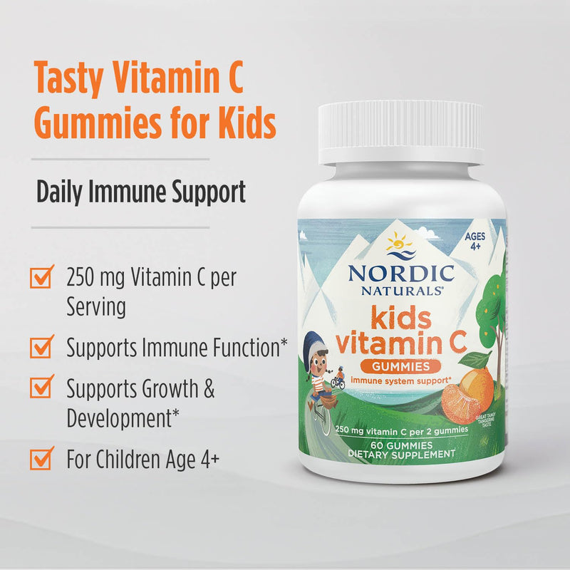 Nordic Naturals Kids Vitamin C Gummies - Tangy Tangerine - 60 Gummies - Vegan Vitamin C Supplement - Children’s Immunity and Antioxidant Support - 250 mg per Serving - 30 Servings (Pack of 2) 60 Count (Pack of 2)