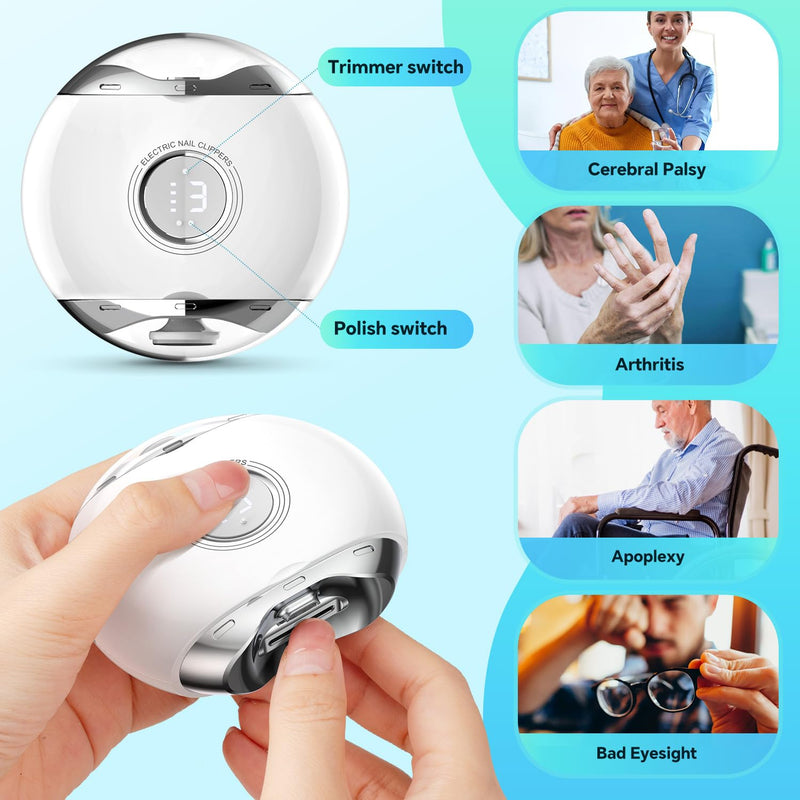 【3 Speeds】 Alinsea Electric Nail Clipper,Electric Automatic Nail Clipper with LCD Digital Display,Safety Electric Trimmer for Baby Seniors and Adults,White/Clear White/Clear