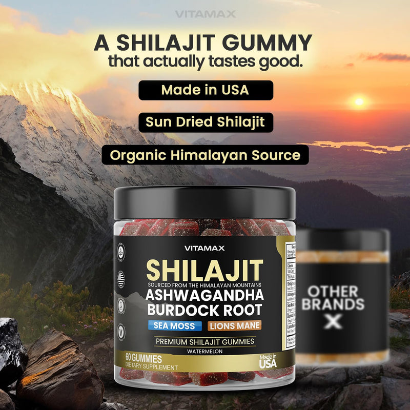 Pure Shilajit Gummies, Sea Moss, Ashwagandha, 105+ Trace Minerals – Organic Burdock Root & Lions Mane Mushroom – Watermelon Flavor - Vegan & Non-GMO – Made in USA – 60ct