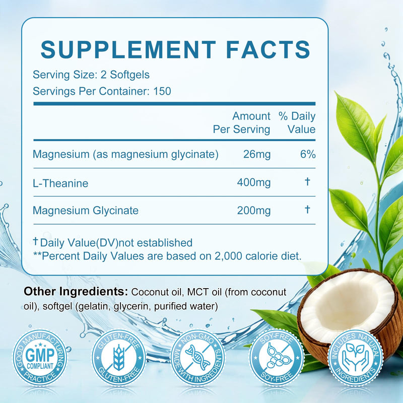 L-Theanine 400mg with Magnesium Glycinate,300 Softgels | Extra Strength with MCT Oil for Calm, Relaxation & Focus Support - Non-GMO,Gluten & Soy-Free,150-Day Supply 300 Count (Pack of 1)