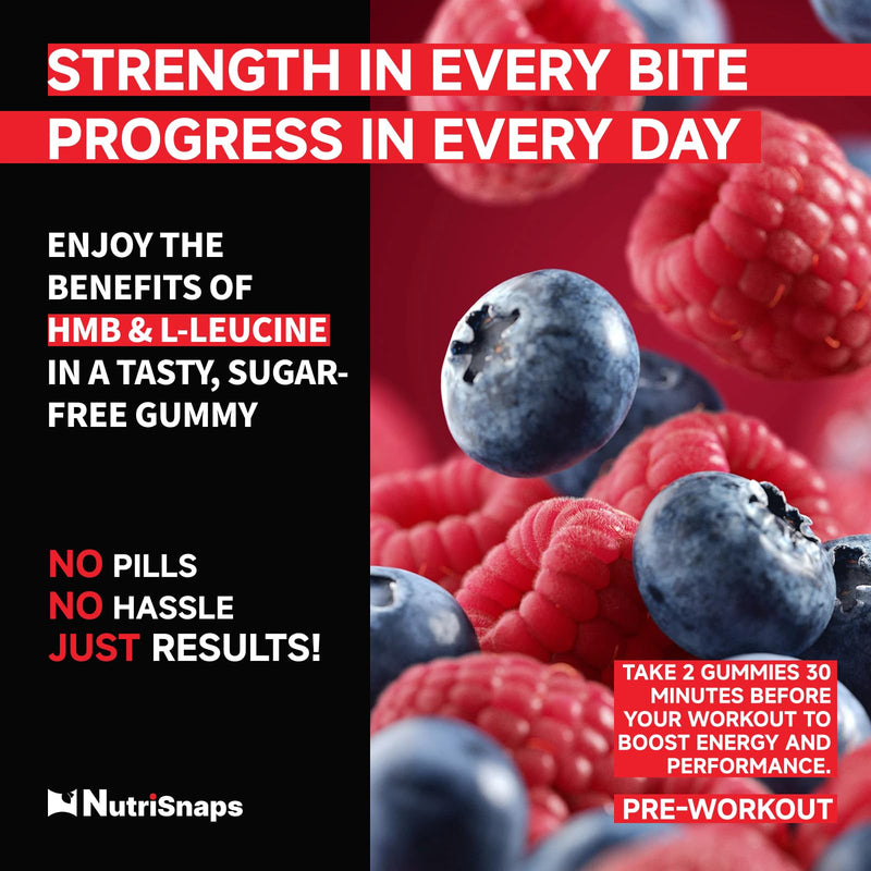 HMB and Leucine Gummies for Men Women, Muscle & Recovery, 60 Ct | Leucine Amino Acid Supplements with CoQ10, Rhodiola Rosea for Muscle Growth, Recovery, Sugar Free, Mixed berry Flavor, Vegan