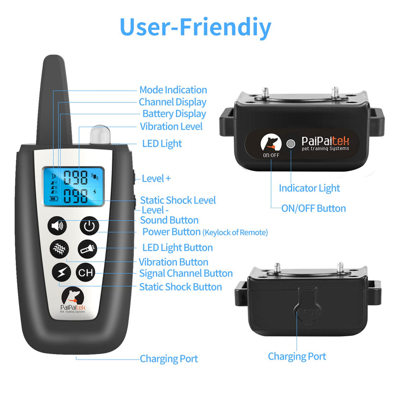 PaiPaitek Bark Collar with Remote, Automatic Bark and Training Collar Combo with Beep, Vibration, Shock, Auto Bark Mode, Up to 3300ft Range Dog Shock Collar for Small, Large and Medium Dogs Black - BeesActive Australia