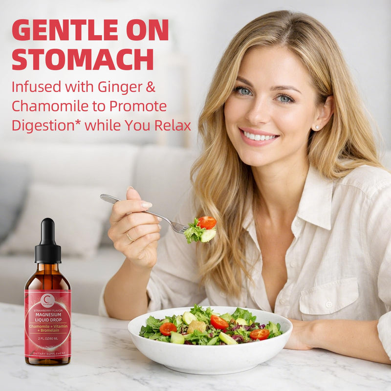 Magnesium Glycinate Liquid Drops for Stress Relief and Digestive Comfort | Magnesium Glycinate Liquid, Fast Absorption, Non-GMO, Vegan Formula, Sugar Free, Strawberry Flavor, 2 Fl OZ
