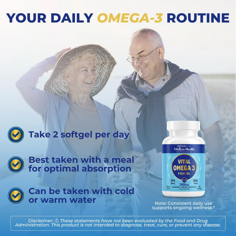 VITAL NUTRITIVE Omega 3 Fish Oil 2400mg - 864mg EPA 576mg DHA Brain & Heart | 1440mg Total Omega-3 Fatty Acids, for Women & Men, Brain & Heart Health, Lemon Taste, Gluten&Sugar Free, Non-GMO, 30 Days 60 Count (Pack of 1)