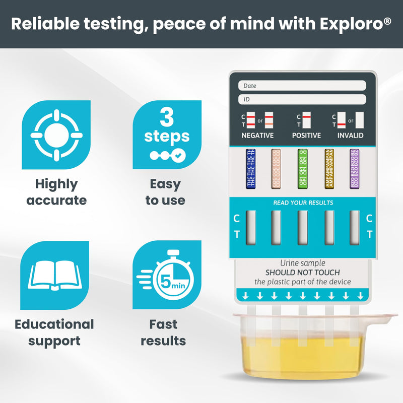 Exploro 5 Panel Drug Test Kit – At Home Urine Drug Test for THC, Cocaine, Opiates, Amphetamines & Benzodiazepines – Rapid & Accurate & Easy At Home Drug Testing Strips (Pack of 3) 3 Count (Pack of 1)