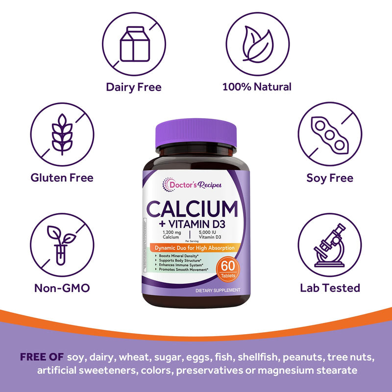 Doctor's Recipes Calcium 1200 mg with Vitamin D3, Calcium Supplements for Women & Men, Non-GMO, No Soy, Bone & Immune Support, Calcium Carbonate, Extra Absorption, 60 Tablets