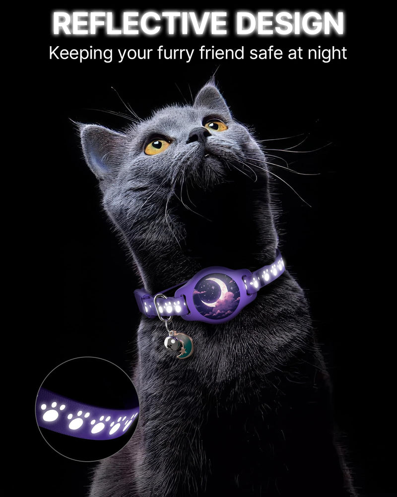 Cat Tracker Collar - Tracking Pet Collar with Finder Tag Waterproof, No Monthly Fee, Compatible with Apple Find My (iOS Only), Breakaway GPS Tractive Cat Collar with Reflective Pattern & Bell, Purple - BeesActive Australia