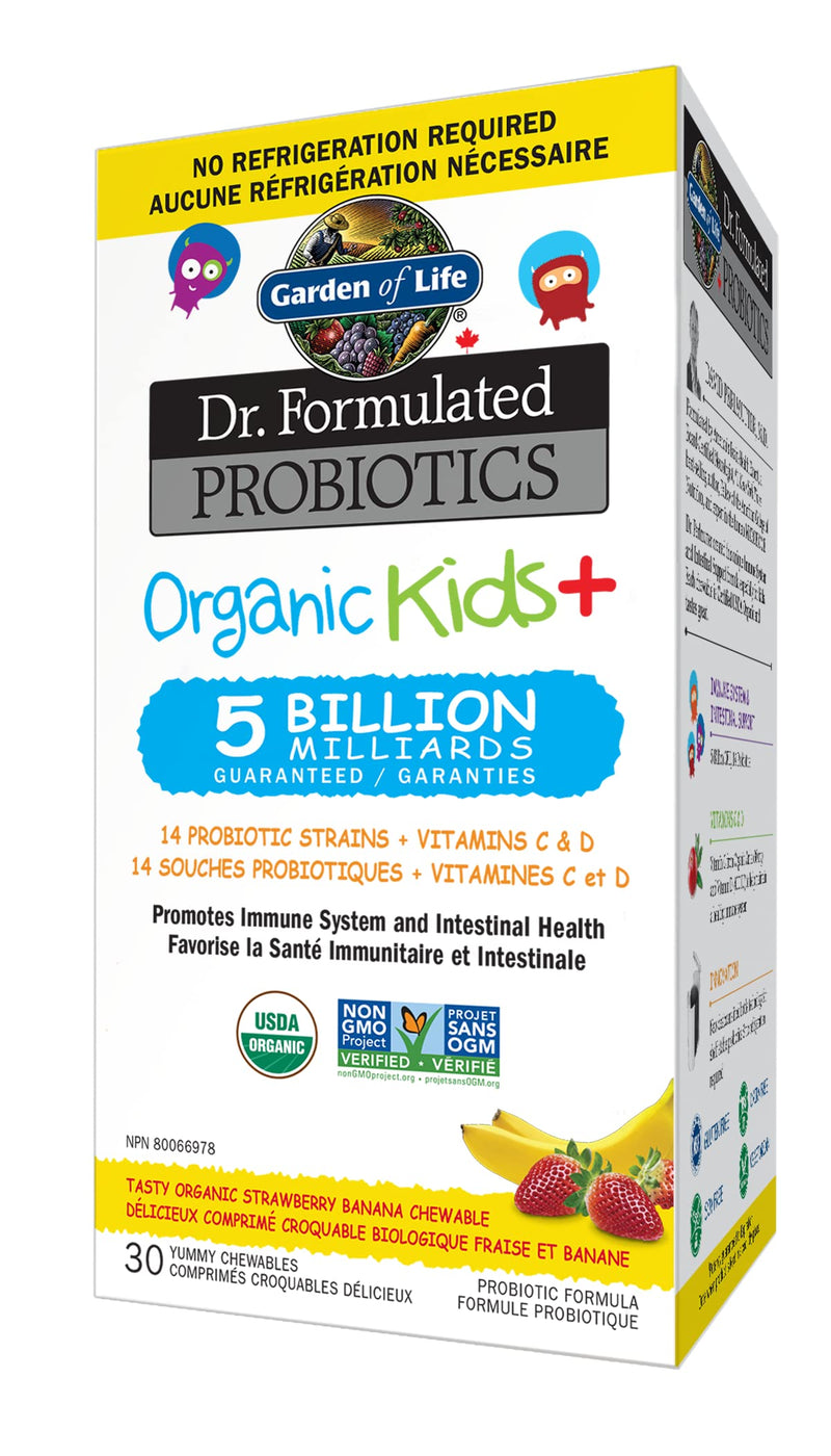 Garden of Life Dr. Formulated Probiotics Organic Kids+-Digestive Health Support-Prebiotic Fiber&Vitamins C&D-Supports Immune Function-Shelf Stable-Strawberry Banana,30 Yummy Chewables,(Pack of 2) 30 Count (Pack of 2)