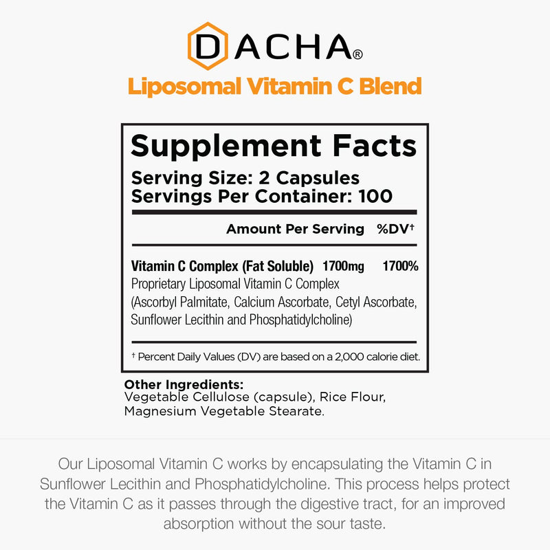 DACHA Natural Liposomal Vitamin C - 1700mg, 200 Capsules, Immune System & Collagen Booster, High Absorption Fat Soluble Vit C, Buffered, Skin Vitamins, Sunflower Lecithin - BeesActive Australia