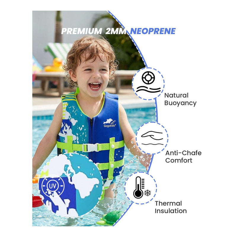 Gogokids Toddler Swim Vest, Premium Swim Vest for Kid Swimming Jacket for 30-40-50-60-70-80 Lbs Girls and Boys, Toddler Floaties Swimming Aid with Dual Safety Strap for 2-9 Years in Pool/Puddle/Beach A-Blue M(3-6yrs/42-66lbs) - BeesActive Australia