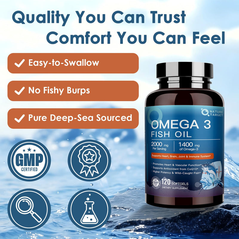 NATURE TARGET Omega 3 Fish Oil 2000mg, 120 Softgels | High-Purity Fish Oil, Rich in Omega-3 Fatty Acids, Supports Heart & Immune Health, Easy to Absorb, No Fishy Aftertaste 120 Count (Pack of 1)