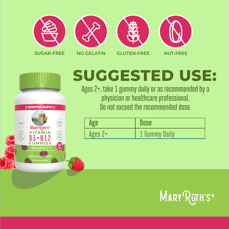 MARYRUTH'S Organics Sugar Free | 2 Month Supply | Vitamin D & B12 Vitamin Supplements for Adults & Kids | Bone Health | Immune Support | Vegan | Non-GMO | 60 Servings (Pack of 2) 60 Count (Pack of 2)