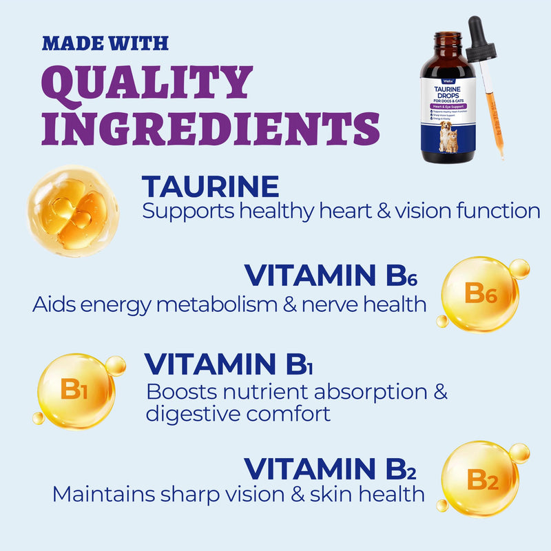 Wellix 4 oz (120 ML) Liquid Taurine Drops for Cats & Dogs, Cat & Dog Supplements & Vitamins for Heart & Vision & Immune Support, Large Bottle Taurine for Multi-Pet Households