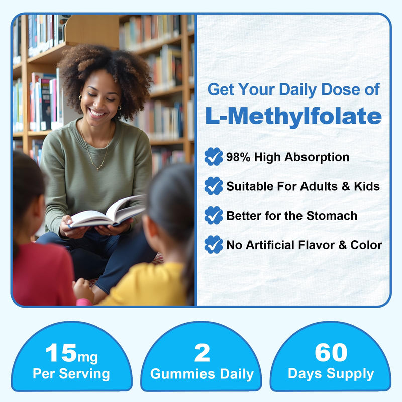 2 Pack L-Methylfolate 15mg Gummies with Methyl B12, Folate 5-MTHF Supplement for Mood, Brain Health, Cognition & Immunity, Sugar Free, Vegan, Non-GMO, 120 Count 60 Count (Pack of 2)