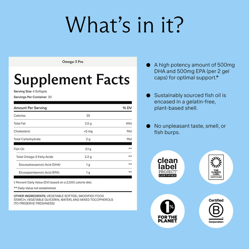 Prenatal Omega-3 Pro - High Potency Dose of Sustainably Sourced Fish Oil, 1000mg DHA, 1000mg EPA, Encased in a Gelatin-Free, Plant-Based Softgel Shell 120ct