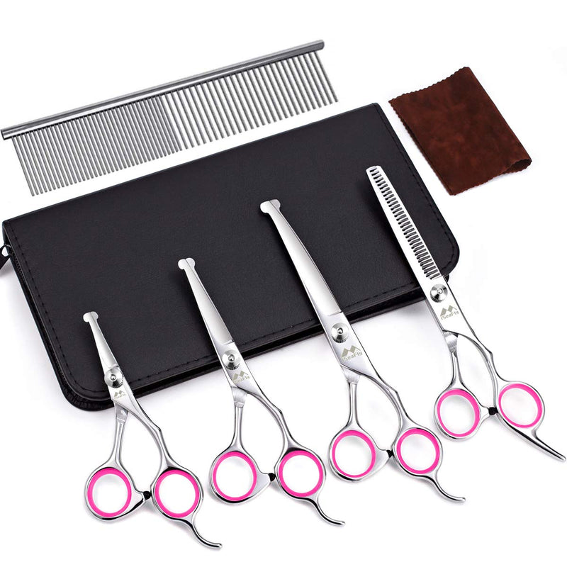 iSeaFly Dog Scissors with Round Tip, 5 in 1 Dog Scissors Set, Stainless Steel Cat Grooming Scissors, Dog Grooming Scissors for Full Body, Face, Nose, Ear (Pink) - BeesActive Australia