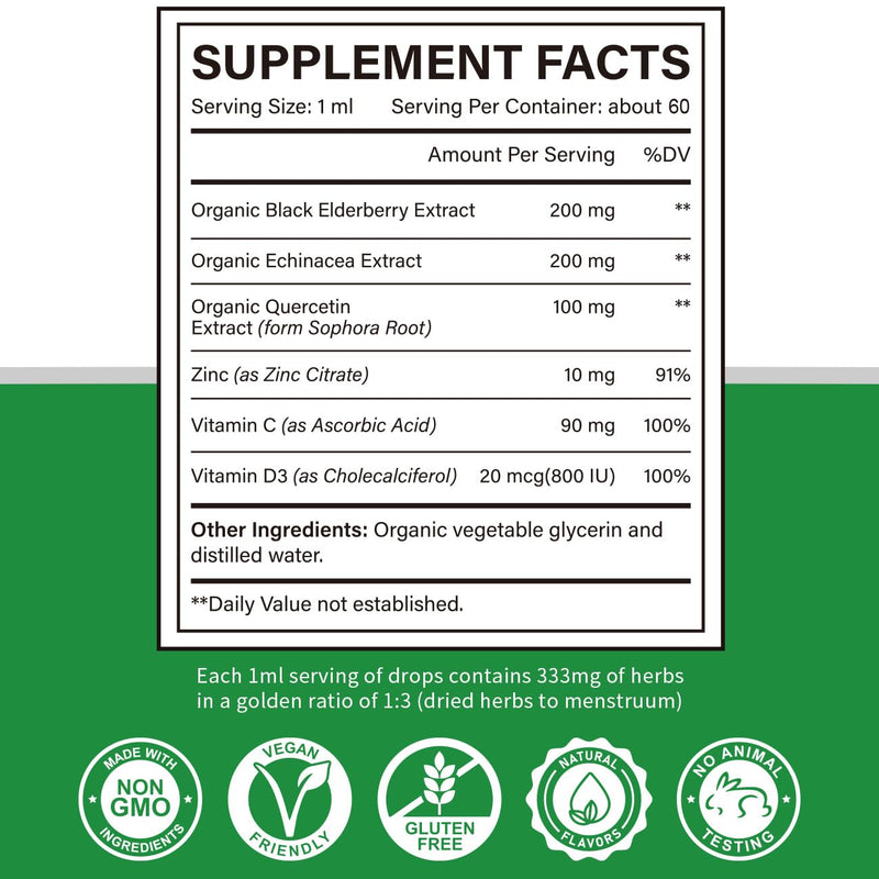 Zinc Quercetin Echinacea Elderberry Vitamin C D3 Liquid Immune Support | 6-in-1 Immune Defense Organic Drops for Adults, Vegan, Non-GMO, Gluten Free, 2 Fl Oz, 60 Servings 2 Fl Oz (Pack of 1)