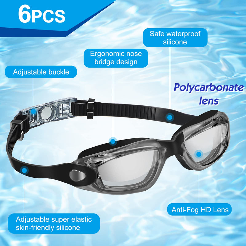 Flutesan 6 Pack Swimming Goggles Adult Kids Anti Fog Pool Goggles with Ear Plugs Nose Clip No Leaking Full Protection Fresh Color 6.3 x 1.6 Inches
