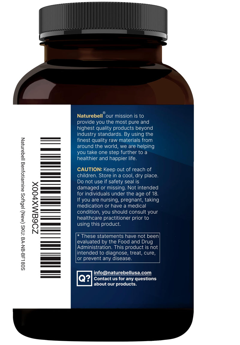NatureBell Benfotiamine 600mg per Serving,180 Coconut Oil Softgels | Fat-Soluble Vitamin B1 for Men & Women, Converted to Active Thiamine | Non-GMO, cGMP Manufactured