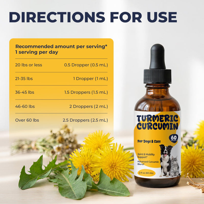 Turmeric Curcumin Drops for Dogs & Cats, Joint Comfort & Mobility Support, High Absorption Liquid Turmeric with Black Pepper, Omega-3 & Vitamin D3, Helps Maintain Flexibility & Daily Movement, 2 fl oz
