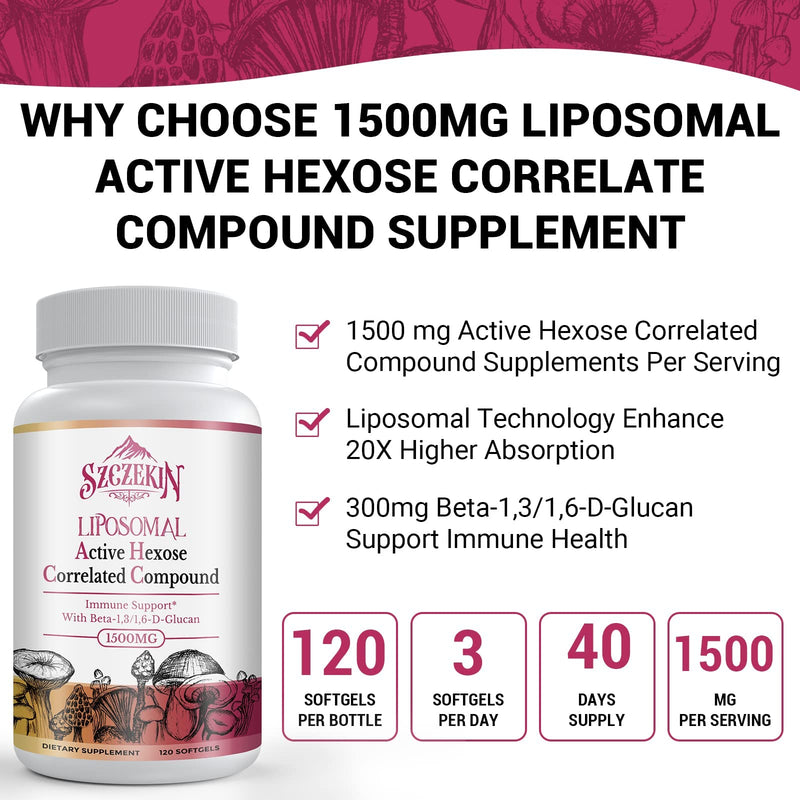 1500mg Liposomal Active Hexose Correlated Supplement,120 Soft Gels Beta-Glucans with Natural Mushroom Extract, Immune System, Liver Function, Maintain T-Cell & Killer Cell Activity 120 Count (Pack of 1)