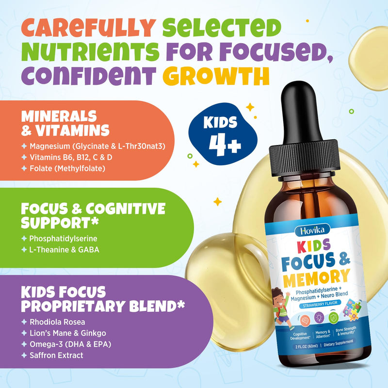 Kids Focus and Attention Supplements with Phosphatidylserine, L-Theanine, Omega-3 & Magnesium Glycinate - Kids Brain Vitamins Liquid Drops - Supports Concentration, Memory, Sleep & Mood, Strawberry 2 Fl Oz (Pack of 1)