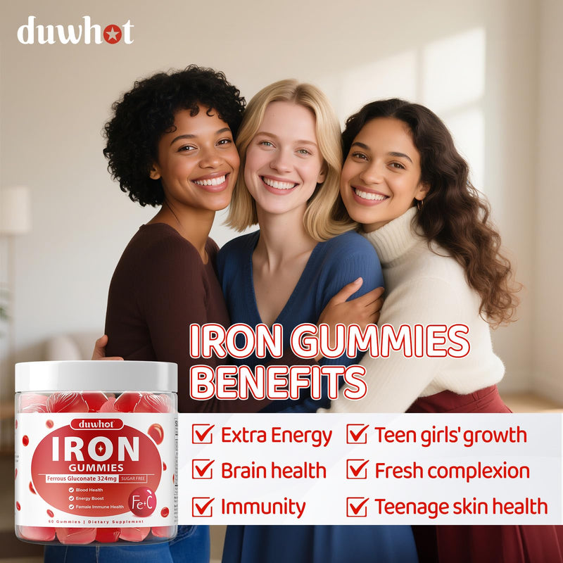 Iron Supplement for Women Teen Girls, Iron Gummies Ferrous Gluconate 324 mg | Iron with Vitamin C, A, B, Folate, Copper, Zinc, Energy & Blood Support, Immune Health, Sugar Free 60 Gummies 1