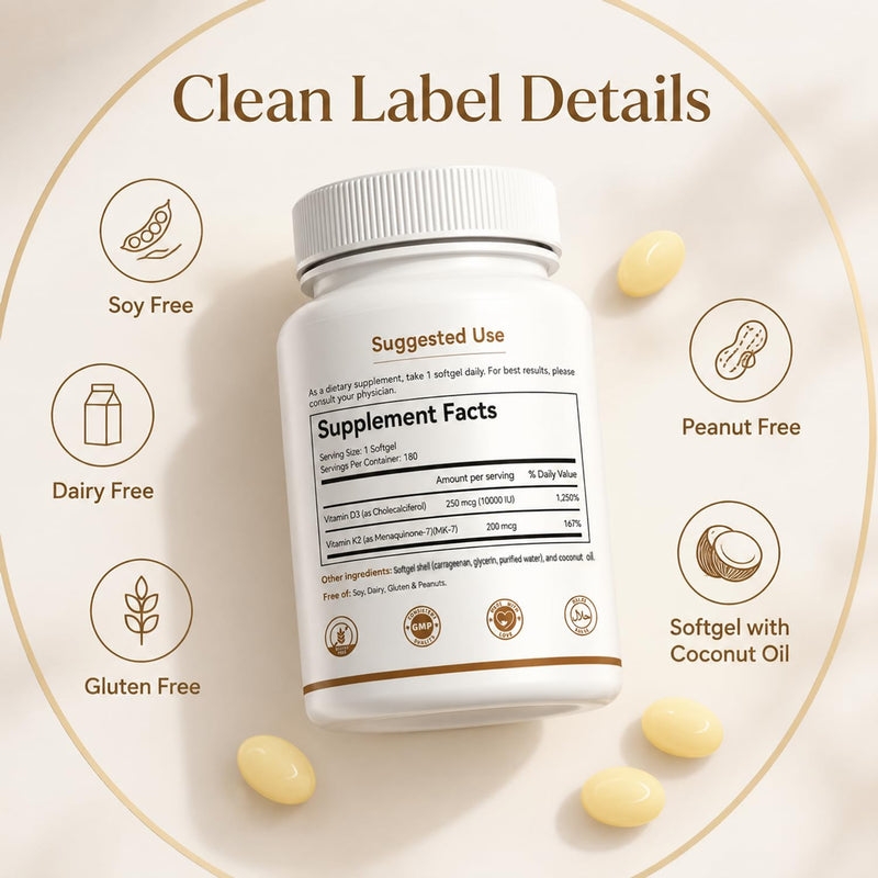 Vitamin D3 10000 IU K2 MK-7 200mcg 2-in-1 Formula | Cold-Pressed Virgin Coconut Oil Softgels, Extra Strength, Easy to Swallow, Gluten Free, 180ct 6 Month Supply