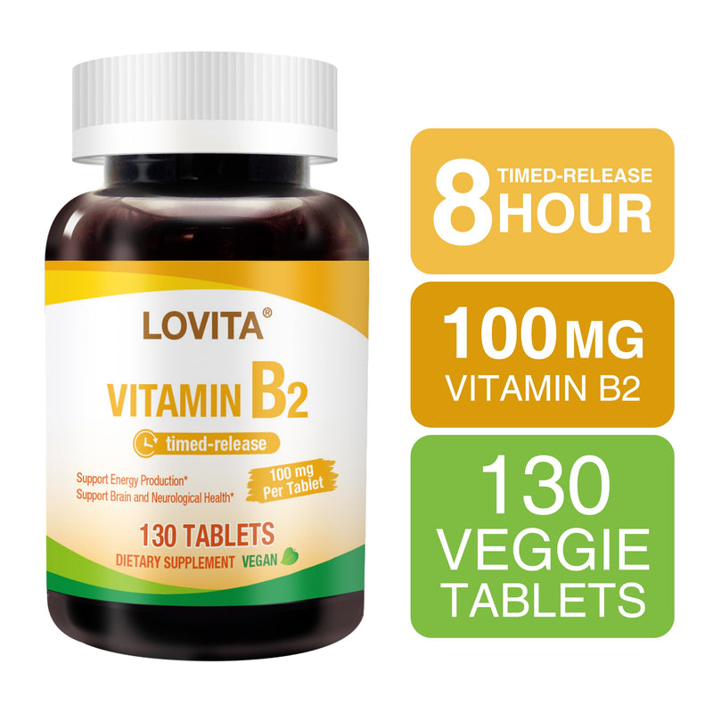 LOVITA Vitamin B2 (Riboflavin) 100mg, Timed Release, 8 Hours Sustained, Support Metabolism & Nerve Health, 130 Vegan Tablet