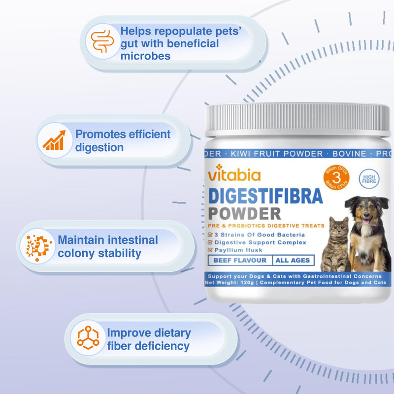DigestiFibra Powder for Dogs & Cats – Natural Fibre Powder Supplement for Gut Health, Anal Glands & Scooting Relief – Prebiotic & Probiotic Digestive Treats – Fibre Supplement for Dogs & Cats 120g
