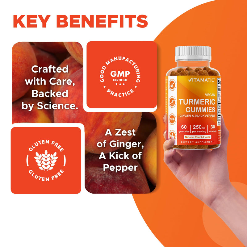 Vitamatic Vegan Turmeric Gummies with Ginger & Black Pepper, 60 Count | 95% Curcuminoids and piperine, Supports Inflammatory & Antioxidant Activity*, Natural Peach Flavor, Gluten Free, Non-GMO
